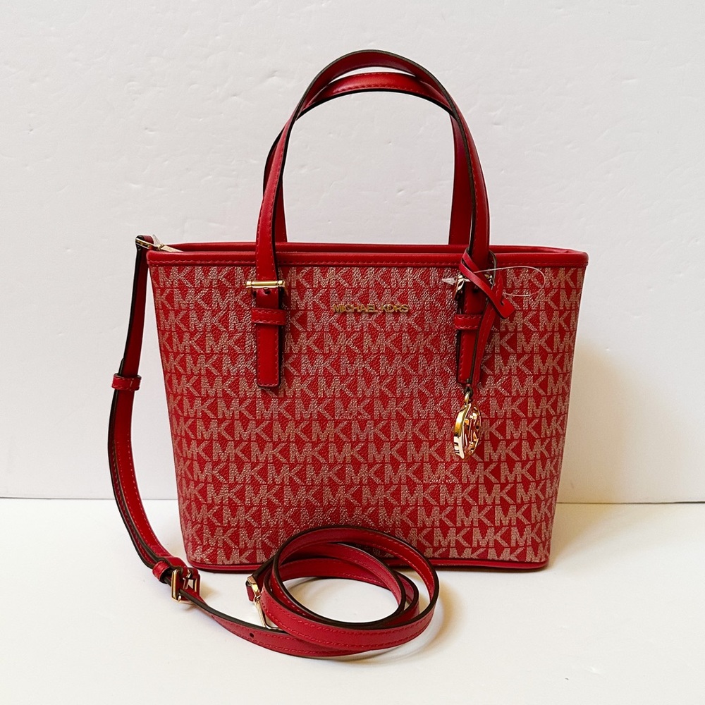 Michael Kors Jet Set Travel XS Carryall Tote Shoulder Bag MK Gold Signature Red